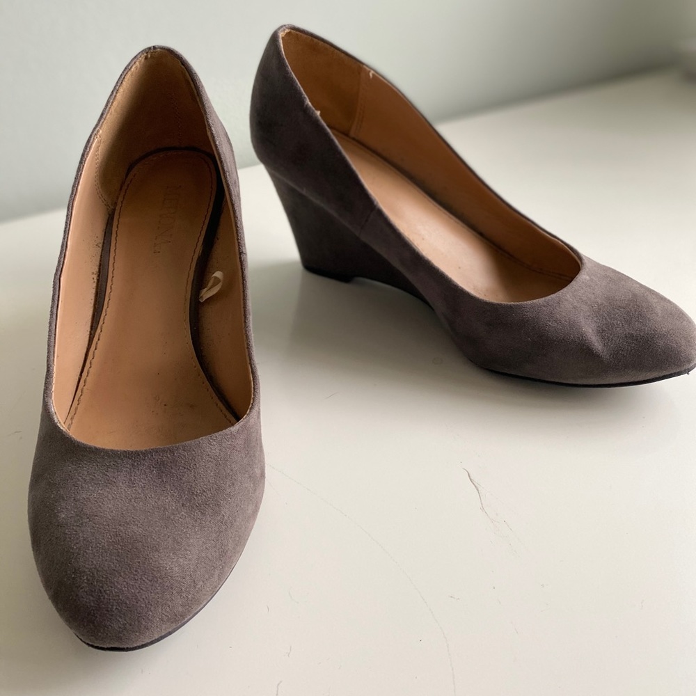 Grey faux suede wedges